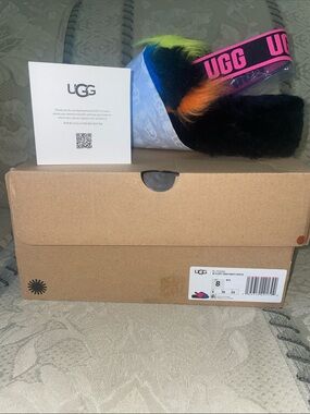 UGG Multicolor Fuzz Slide with Pink Logo Strap